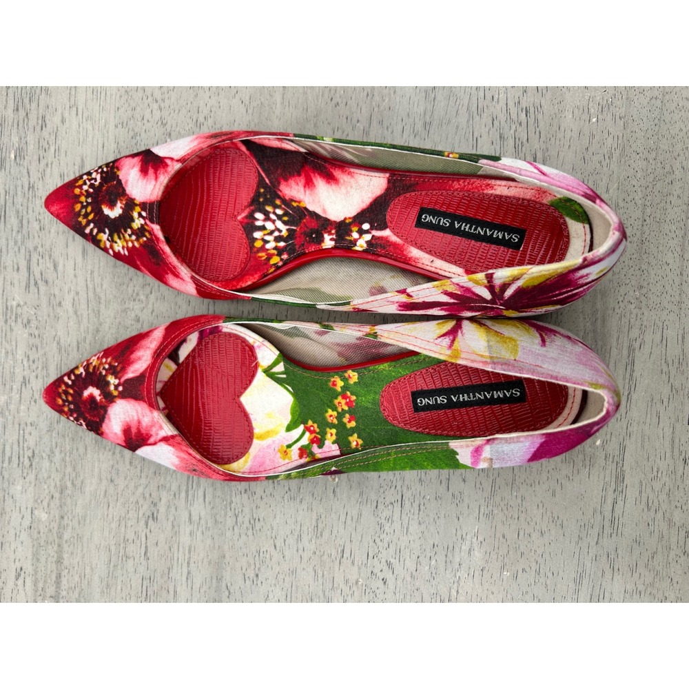 Samantha Sung Floral Pumps Red Pink Green Pointed Toe Kitten Block Heel Size 38